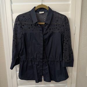 Akris Punto Authentic Navy Eyelet Button-Down Peplum Shirt